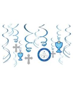 Amscan Religious Communion Day Foil Swirl Decorations, Blue, 12 Decorations Per Pack, Set Of 3 Packs