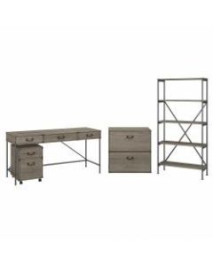 kathy ireland Home by Bush Furniture Ironworks 60inW Writing Desk With File Cabinets And 5-Shelf Etagere Bookcase, Restored Gray, Standard Delivery
