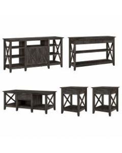 Bush Furniture Key West Tall TV Stand With Coffee Table, Console Table And Set Of 2 End Tables, Dark Gray Hickory, Standard Delivery
