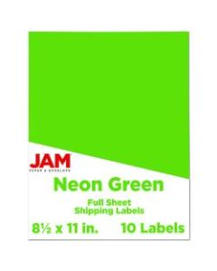 JAM Paper Full-Page Mailing And Shipping Labels, 337628609, 8 1/2in x 11in, Neon Green, Pack Of 10