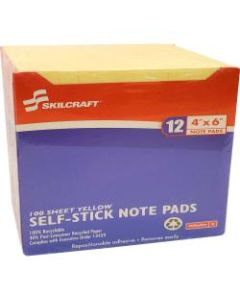 SKILCRAFT 100% Recycled Self-Stick Note Pads, 4in x 6in, Yellow, 100 Sheets Per Pad, Pack Of 12 Pads (AbilityOne 7530-01-285-8355)