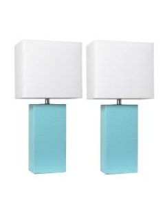 Elegant Designs Modern Leather Table Lamps, 21inH, White Shade/Aqua Base, Set Of 2 Lamps