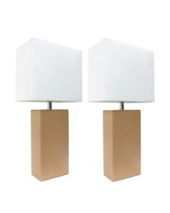Elegant Designs Modern Leather Table Lamps, 21inH, White Shade/Beige Base, Set Of 2 Lamps
