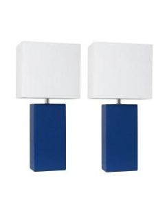Elegant Designs Modern Leather Table Lamps, 21inH, White Shade/Blue Base, Set Of 2 Lamps