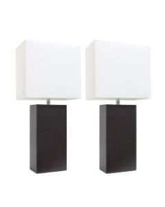 Elegant Designs Modern Leather Table Lamps, 21inH, White Shade/Espresso Brown Base, Set Of 2 Lamps