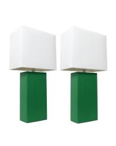 Elegant Designs Modern Leather Table Lamps, 21inH, White Shade/Green Base, Set Of 2 Lamps