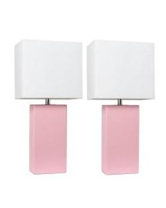 Elegant Designs Modern Leather Table Lamps, 21inH, White Shade/Pink Base, Set Of 2 Lamps