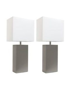 Elegant Designs Modern Leather Table Lamps, 21inH, White Shade/Gray Base, Set Of 2 Lamps