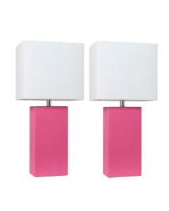 Elegant Designs Modern Leather Table Lamps, 21inH, White Shade/Hot Pink Base, Set Of 2 Lamps