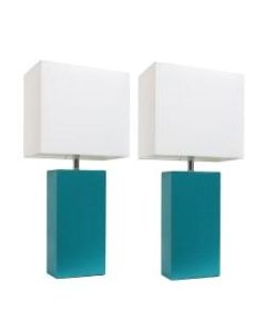 Elegant Designs Modern Leather Table Lamps, 21inH, White Shade/Teal Base, Set Of 2 Lamps