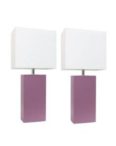 Elegant Designs Modern Leather Table Lamps, 21inH, White Shade/Purple Base, Set Of 2 Lamps