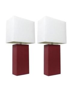 Elegant Designs Modern Leather Table Lamps, 21inH, White Shade/Red Base, Set Of 2 Lamps