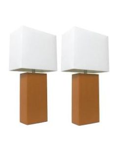 Elegant Designs Modern Leather Table Lamps, 21inH, White Shade/Tan Base, Set Of 2 Lamps
