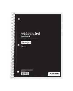 Just Basics Spiral Notebook, 8in x 10 1/2in, Wide Ruled, 70 Sheets, Black
