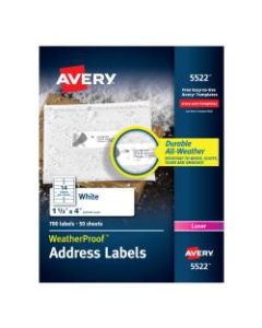 Avery WeatherProof Mailing Labels with TrueBlock Technology, AVE5522, Permanent Adhesive, 1 21/64inW x 4inL, Rectangle, Laser, White, Polyester, 14 Per Sheet, Pack Of 700