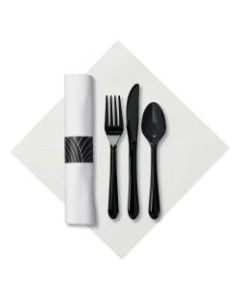 CaterWrap Pre-Rolled Cutlery, Mystic Linen-Like Napkin, Black/White, Case Of 200 Rolls