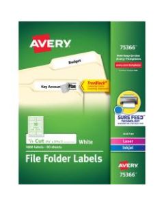 Avery TrueBlock Permanent Inkjet/Laser File Folder Labels, 75366, 2/3in x 3 7/16in, White, Box Of 1,800