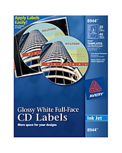 Avery Full Face Permanent Inkjet CD Labels, AVE8944, 4 1/2in Diameter, Glossy White, Pack Of 20