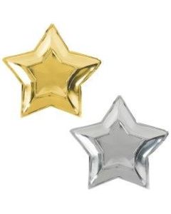 Amscan New Years Star-Shaped Metallic Paper Plates, 10-1/2in, Shiny Silver/Glittery Gold, 10 Plates Per Pack, Case Of 3 Packs