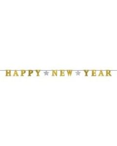 Amscan Happy New Year Glitter Ribbon Letter Banners, 5in x 12ft, Gold, 1 Banner Per Pack, Case Of 3 Packs