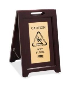 Rubbermaid Commercial Brass/Wooden Caution Sign, "Caution, Attention, Cuidado, Wet Floor", 15inW x 23 1/2inH, Espresso