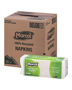 Marcal 1-Ply Luncheon Napkins, 12-1/2inH x 11-1/4inW, 100% Recycled Paper, White, 400 Napkins Per Pack, 6 Packs Per Carton