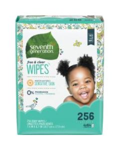 Seventh Generation Free & Clear Baby Wipes, Refill, Unscented, White, 256 Wipes Per Pack, Carton Of 3 Packs