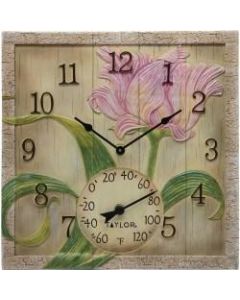 Taylor 92691T 14-Inch x 14-Inch Beachwood Flower Clock with Thermometer - Analog - Quartz - CaseThermometer