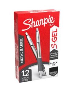 Sharpie S-Gel Pens, Medium Point, 0.7 mm, Gunmetal Barrel, Black Ink, Pack Of 12 Pens