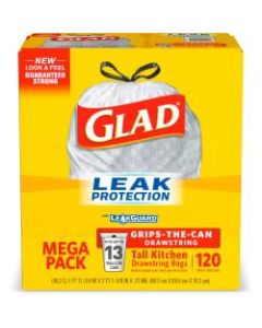 Glad ForceFlex Tall Kitchen Drawstring Trash Bags - 13 gal - 9 mil (229 Micron) Thickness - White - Plastic - 16200/Pallet - 120 Per Box - Home, Day Care, Breakroom, Kitchen