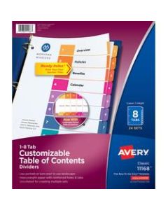 Avery Ready Index Table Of Contents Dividers, Uncollated, 1-8 Tab Index Dividers, Multicolor, 24 Sets