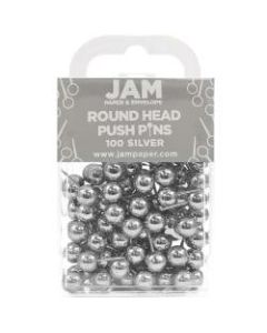 JAM Paper Pushpins, Round, 1/2in, Silver, Pack Of 100 Pushpins