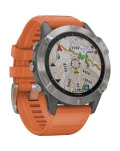Garmin f&Auml;nix 6 GPS Watch - Wrist - 32 GB - 1.3in - Touchscreen - Bluetooth - Wireless LAN - GPS - 336 Hour - Round - 1.85in - Titanium Case - Ember Orange Band - Sapphire Crystal Lens - Fiber Reinforced Polymer, Metal