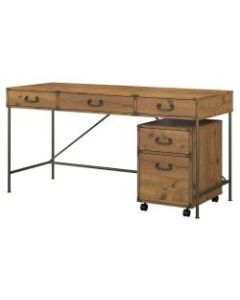 kathy ireland Home by Bush Furniture Ironworks 60inW Writing Desk with 2 Drawer Mobile File Cabinet, Vintage Golden Pine, Standard Delivery