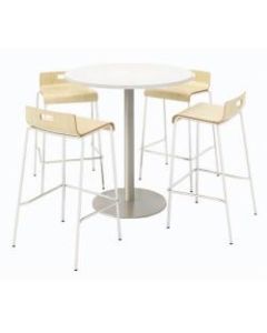 KFI Studios Round Bistro Pedestal Table With 4 Stacking Bar Stools, Designer White/Natural