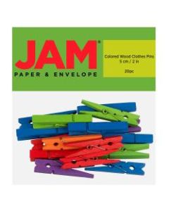 JAM Paper Wood Clip Clothespins, 2in, Assorted Colors, Pack Of 20 Clothespins