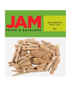 JAM Paper Wood Clip Clothespins, 1-1/2in, Natural, Pack Of 30 Clothespins