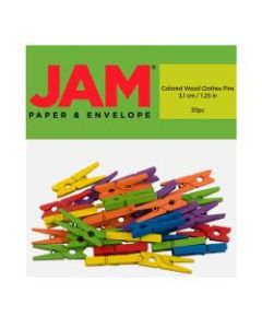 JAM Paper Wood Clip Clothespins, 1-1/8in, Assorted Colors, Pack Of 30 Clothespins