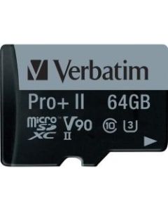 Verbatim 64GB Pro II Plus 1900X microSDXC Memory Card with Adapter, UHS-II V90 U3 Class 10 - 295 MB/s Read - 255 MB/s Write - 1900x Memory Speed - Lifetime Warranty