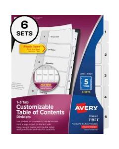 Avery Ready Index Classification Folder Binder Dividers, 8-1/2in x 11, White, 5 Dividers Per Set, Pack Of 6 Sets