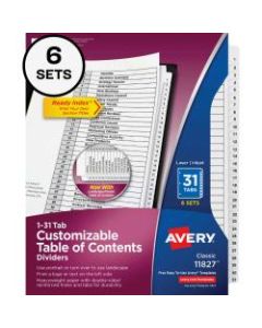 Avery Ready Index Tab Dividers, 8-1/2in x 11in, Black/White, 31 Dividers Per Pack, Set Of 6 Packs