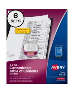 Avery A-Z Tab Dividers, 8-1/2in x 11in, Black/White, Pack Of 6 Sets
