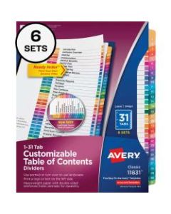 Avery Ready Index Tab Dividers, 8-1/2in x 11in, Multicolor, 31 Dividers Per Pack, Set Of 6 Packs