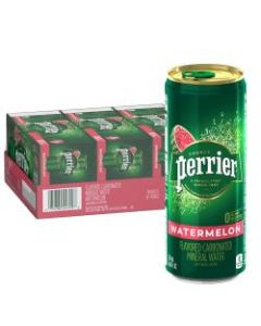Perrier Sparkling Natural Mineral Water with Watermelon Flavor, 8.45 Oz, Case Of 30 Slim Cans