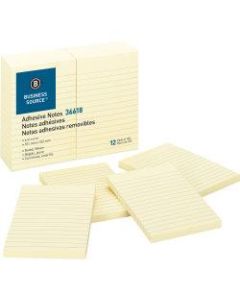 Business Source Ruled Adhesive Notes - 4in x 6in - Rectangle - Ruled - Yellow - Solvent-free Adhesive, Self-adhesive - 12 / Pack