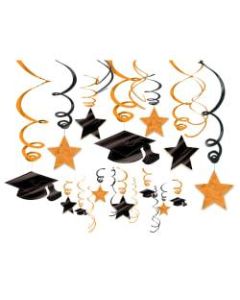 Amscan School Colors Hanging Foil Swirl Graduation Decorations Kit, Orange Peel, Pack Of 30 Pieces