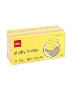 Office Depot Brand Sticky Notes, 3in x 3in, Assorted Neon Colors, 100 Sheets Per Pad, Pack Of 12 Pads