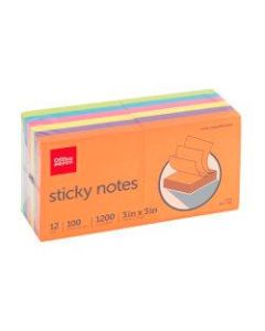 Office Depot Brand Sticky Notes, 3in x 3in, Assorted Vivid Colors, 100 Sheets Per Pad, Pack Of 12 Pads