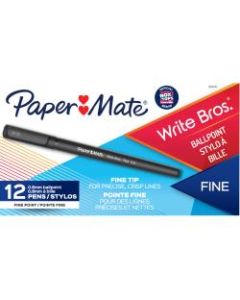 Paper Mate Write Bros Ballpoint Stick Pens, 0.8 mm, Fine Point, Black Barrel, Black Ink, Pack Of 12 Pens