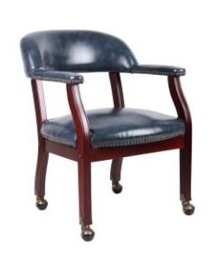 Boss Captains Guest Arm Chair, With Casters, Blue/Mahogany
